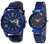 Emartos Analog Blue/Black Dial Stainless Steel Strap Couple Watch Combo For Men S & Women's