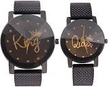 Emartos Analogue Unisex Couple Watches Set Light Brown King & Queen Dial, Black Colored Strap Pack Or 2