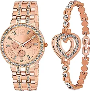 Analogue Rose Gold Metal Watch & Bracelet Combo for Women & Girls