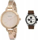 Fossil Analog Rose Gold Dial Women & Chronograph Silver Dial Men BQ3026 + CH2882