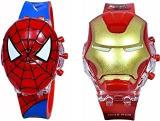 Generic Lionmati Iron Man Spiderman Kids Disco Glowing Light Face Based Toy Watch Igital Boy's Watch Kid Watch Small For Boy Combo Pack Of 2 Watch For Kids, Diwali Gift, Birthday Return Gift Red