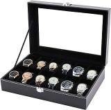 Generic ZenWood Unisex 12 Slots Watch Box Organizer PU Leather Watches Display Case Storage Boxes With Crystal Glass Lid Outside Color Black/Inside Color Black Velvet