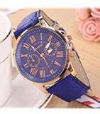 Geneva Blue Color Unisex Watches Roman Numerals Fau PU Leather Analog Quartz Women Men Casual Relogio Hours Wrist Watch