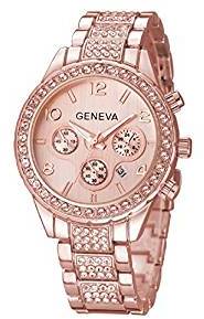 Geneva Platinum Analogue Big Size Studded Rose Gold Dial Women's Watch GP 223