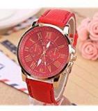 Geneva Red Color Unisex Watches Roman Numerals Fau PU Leather Analog Quartz Women Men Casual Relogio Hours Wrist Watch