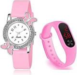 Goldenize Fashion Pink Butterfly Analogue And Rectangular Digital Dial LED Display Watch For Girl's & Women's Watches Combo Pack Of 2