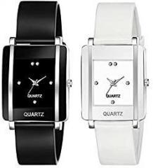 Goldenize fashion Rectangular Dial Analogue Multicolor Dial Rubber Strip Women's & Girl's Watches Combo Pack of 2 Black, White