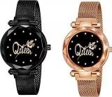 KIARVI GALLERY Black And Gold Queen Dial Designer With Magnetic Metal Strap Analog Watch For Girl's And Women Pack Of 2