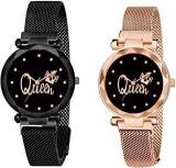 KIARVI GALLERY Black And Gold Queen Dial Designer With Magnetic Metal Strap Analog Watch For Girl's And Women Packof 2