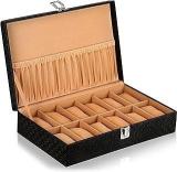 LEDO Glass Watch Box Case Organizer In 12 Slots Of Watches In Black & Cream Color For Unisex