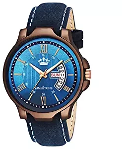 LIMESTONE Wooden Coat Avatar Series Day and Date Functioning Analogue Blue Dial Men's Watch