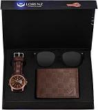 LORENZ Men's Brown Dial Analog Watch, Brown Wallet And Wayfarer Sunglasses Combo Box CM 2070SN1 WL32