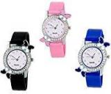 Maan International Butterfly Pink, Blue & White Analogue Round Dial Watch For Girl's And Women's Pck Of 3 _Buterflywpb