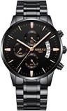 Men's Chronograph Quartz Watches Waterproof With Stainless Steel Band Black Dial