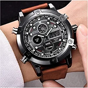 Analogue Digital Multi Colour Dial Leather Brown Strap Mens Watches Boys Watch PTM