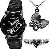 Mikado Black Analog Watch, Bracelet & Pendant Set For Girls And Women's