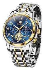 OLEVS Men's Business Watch Gold Blue with Large Easy Read Analog Quartz Date Display Luxury Stainless Steel Band Waterproof Luminous Hands