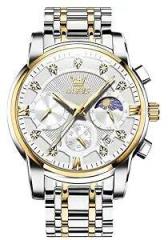 OLEVS Mens Watches Chronograph Diamond Quartz Date Calendar Moon Phase Luxury Two Tone Stainless Steel Waterproof Luminous Business Wrist Watch