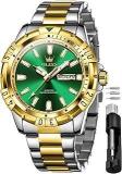 OLEVS Mens Wrist Watch Green Big Face Luxury Dress Stainless Steel Analog Quartz Waterproof Chain Watch For Men Date