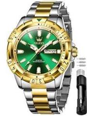 OLEVS Mens Wrist Watch Green Big Face Luxury Dress Stainless Steel Analog Quartz Waterproof Chain Watch for Men Date