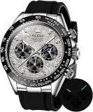 OLEVS Watches For Men Analog Quartz Chronograph Watch Moon Phase Waterproof Black Silicone Diamond Dress Luminous Easy Reader Wrist Watches