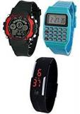 Pappi Boss KIDS CHOICE Unisex Pack Of 3 Sports 7 Light, Calculator & Jelly Slim LED Band Digital Wrist Watch For Kids, Children