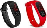 Pass Pass Digital Unisex Child Watch Black Dial, Black & Red Colored Strap Pack Of 2