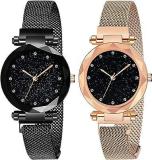 Premium Black Round Diamond Dial With Latest Generation Purple & Rosegold Magnet Belt Analogue Watch For Women Pack Of 2 DM PURPLE ROSEGOLD05