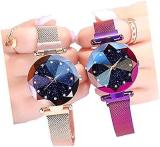 Premium Black Round Diamond Dial With Latest Generation Purple & Rosegold Magnet Belt Analogue Watch For Women Pack Of 2 DM PURPLE ROSEGOLD06