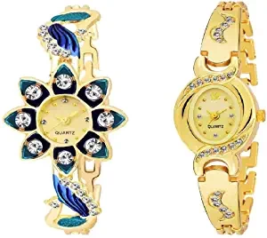 Women's Analogue Gold Flower Watch Combo Pack of 2