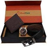 RedFish Men's Stylist Analog Watch, Belt And Brown Wallet Combo Rakhi Gift For Brother, Rakshabandhan