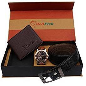 RedFish Men's Stylist analog Watch, Belt And Brown Wallet Combo Rakhi Gift For Brother, Rakshabandhan