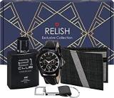 Relish Gift Combo Box Of Men's Black Analog Leather Strap Watch, Texture Wallet, Long Lasting Perfume And Metal Hook Keychain