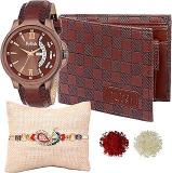 Relish Rakhi Gift Pack For Brother, Fancy Rakhi, Analog Watch, Wallet, Roli Chawal And Wishing Card | Raksha Bandhan Gift Combo Set