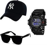 SELLORIA Black Analogue Stainless Steel Watch With Black Sunglass With Basboll Cap Black