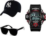 SELLORIA Boy's Black Dial Digital Watch With Black Sunglass With Baseball Cap Black