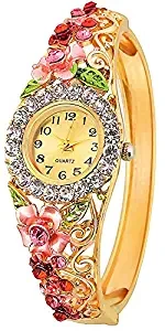 Analog Jewelry Gold Plated Crystal Flower Women Bracelet Watch for Women & Girls DD07