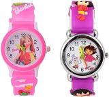 Shocknshop Analogue Girl's & Boy's Watch Pack Of 2 White Dial Pink & Purple Colored Strap