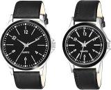 Shocknshop Leather Analogue Unisex Couple Combo Watch For Men & Women White Dial & Black Colored Strap Lr93 340, Black Band