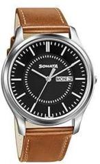 Sonata Quartz Analog with Day and Date Black Dial Leather Strap Watch for Men NS77082SL08W