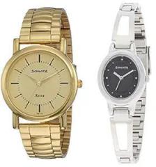 Sonata Stainless Steel Unisex Analog Couple's Watch 77049Ym01C+Nk8085Sm01 | Rakshabandhan Gifts, Band Color:Assorted, Dial_Multi