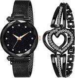 STYLEDOSE Analogue 12 Diamond Studded Black Dial Chain Magnet Metal Mash Belt Strap & Sweet Heart Bracelet Combo For Girl's & Women's Watch Set Of 2