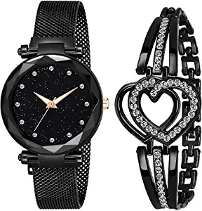 STYLEDOSE Analogue 12 Diamond Studded Black Dial Chain Magnet Metal Mash Belt Strap & Sweet Heart Bracelet Combo for Girl's & Women's Watch Set of 2