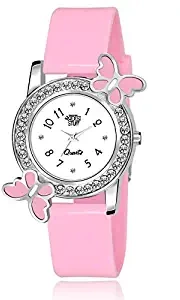 Swadesi Stuff Analog White Dial Diamond Studded Pink Butterfly Watch for Girls & Women