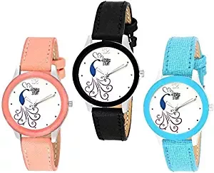 SWADESI STUFF Analogue Multicolour Dial Leather Strap Peacock Theme Women and Girls Watch Combo of 3