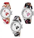 Swadesi Stuff Diamond Studded Analogue White Dial Multi Colored Leather Strap Luxury Fashion Watch For Women & Girls