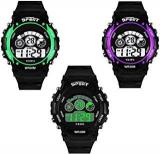 SWADESI STUFF Digital Sport Boys & Girls Watch Multi Dial Black Colored Strap Set Of 3