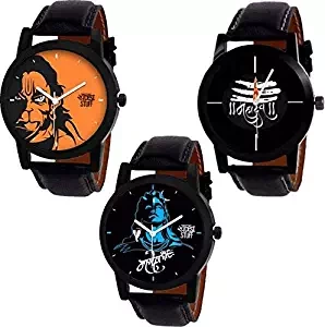 SWADESI STUFF Quartz Movement Analogue Black Dial Leather Lord Shiva Hanuman Men's Watch Combo of 3