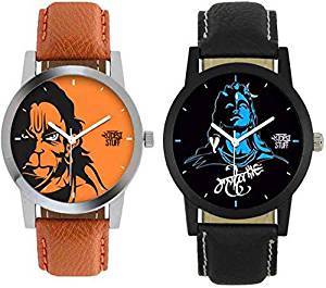 Swadesi Stuff Stylish Black Leather Strap Analog Lord Shiva Lord Hanuman Mahadev Watch Combo of 2 for Men & Boys