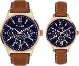 TIMEX Leather Unisex Pairs Blue Round Multifunction Dial Analog Watch Tw00Pr302